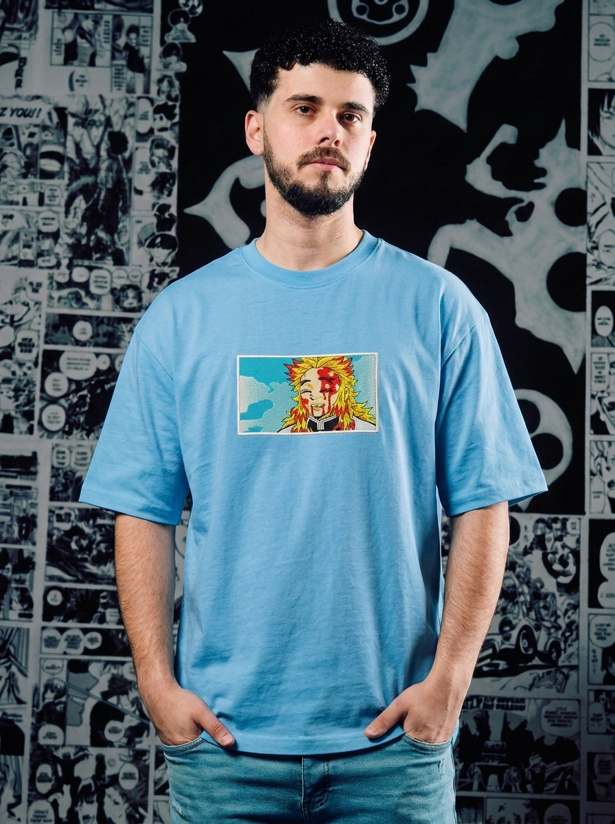 Demon Slayer Embroidered T-Shirt – Hinokami Kagura – Light Blue