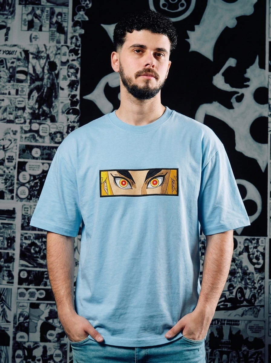 Demon Slayer Embroidered T-Shirt – Sun Breathing – Light Blue