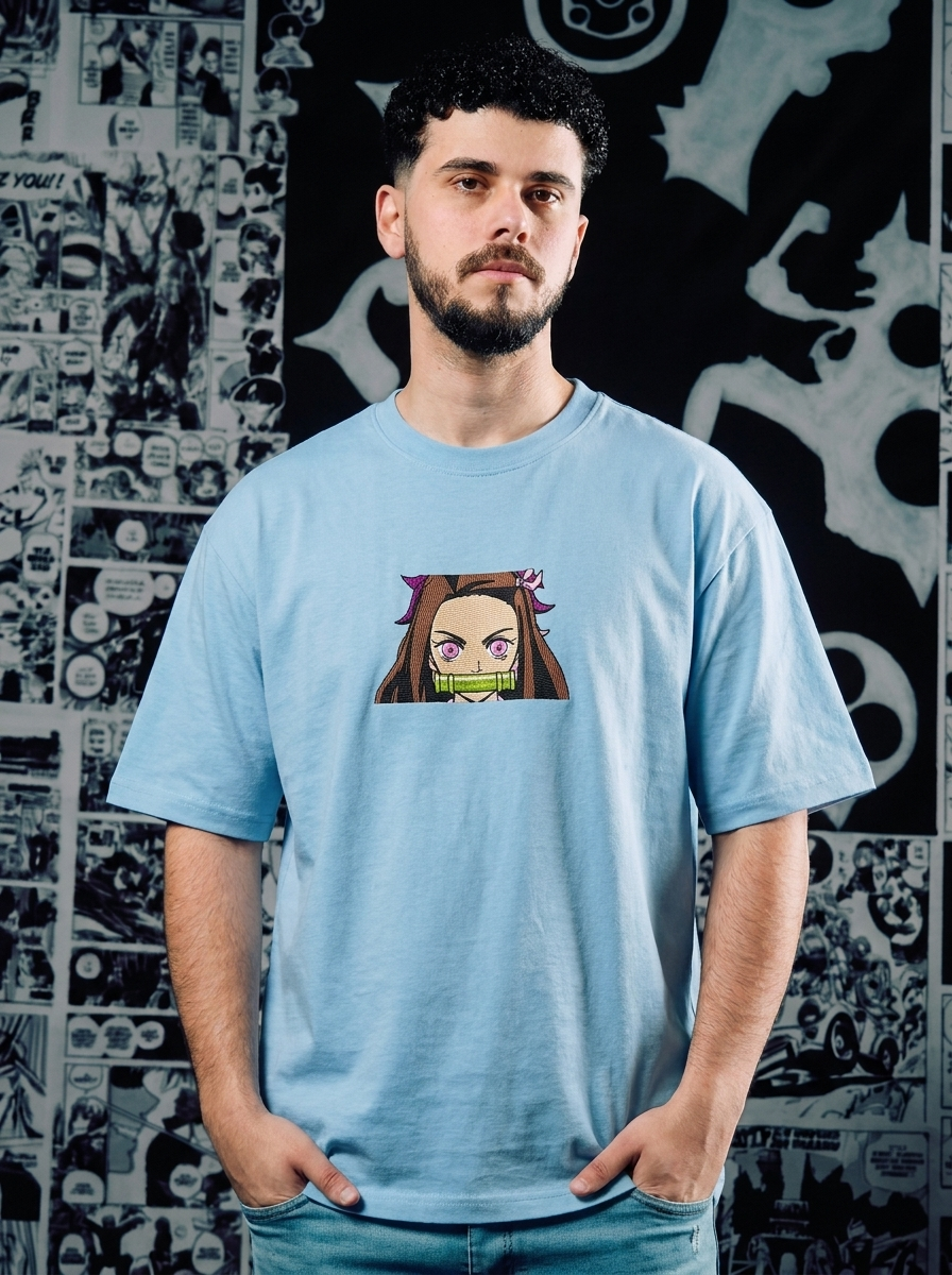 Demon Slayer Embroidered T-Shirt – Kamado Family Crest – Light Blue