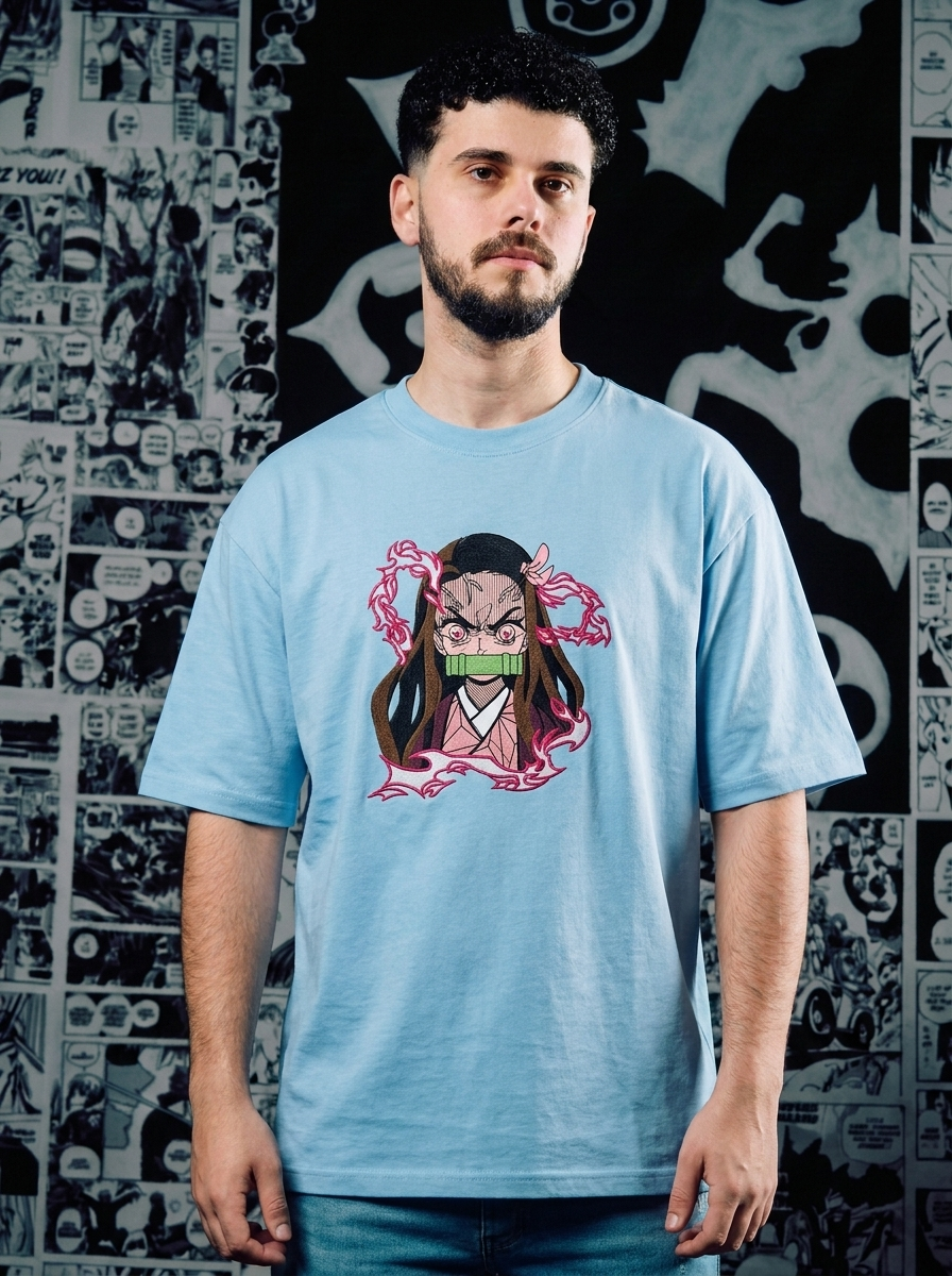 Demon Slayer Embroidered T-Shirt – Butterfly Mansion – Light Blue