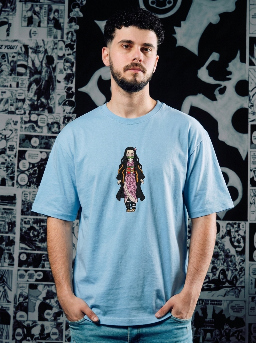 Demon Slayer Embroidered T-Shirt – Wisteria Flower Crest – Light Blue