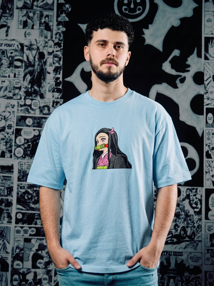 Demon Slayer Embroidered T-Shirt – Demon Slaying Blade – Light Blue