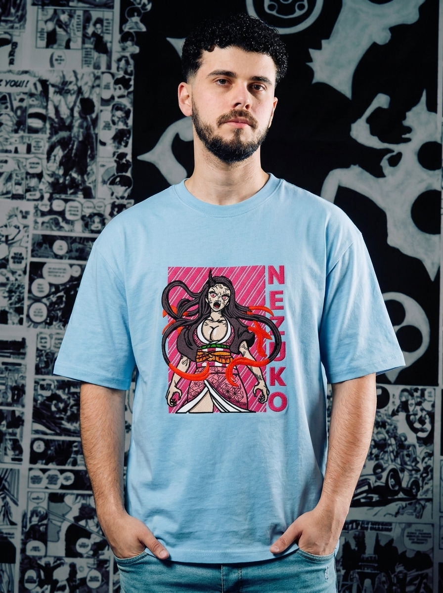 Demon Slayer Embroidered T-Shirt – Water Surface Slash – Light Blue